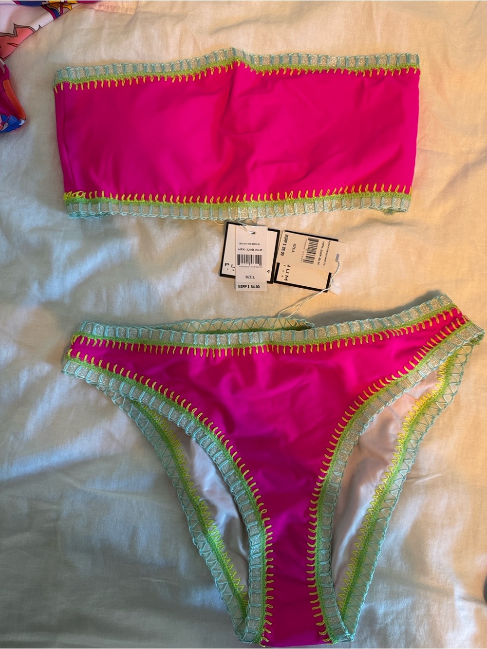 Bright Pink Bandeau Bikini Set with Lime & Mint Trim